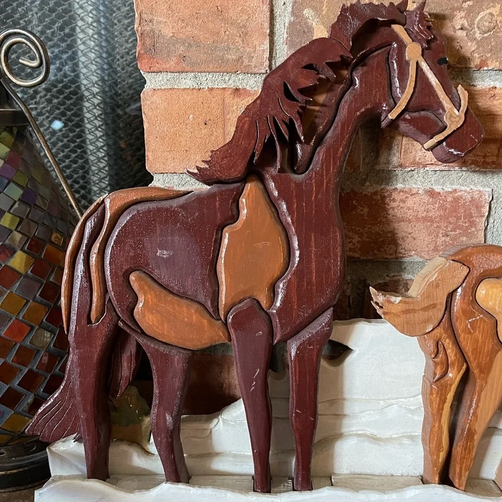 Vtg Hand Made Wooden 3D Art Puzzle Style Horses Barn Wall Hanging